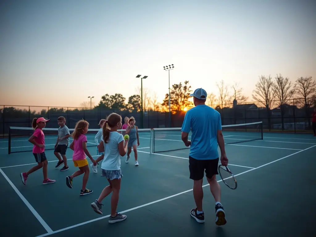 A vibrant photo of children and adults of various backgrounds playing tennis together on an outdoor court, with a coach guiding a wheelchair user, under a sunny sky, symbolizing inclusion and community spirit.