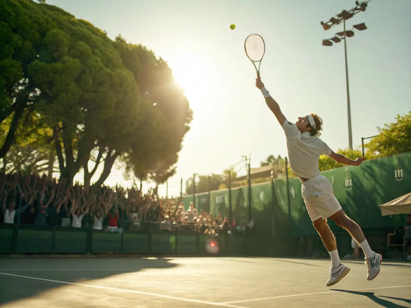 A dynamic image of a para tennis athlete in action during a local tournament, surrounded by cheering spectators and volunteers, capturing the excitement and support for adaptive sports.