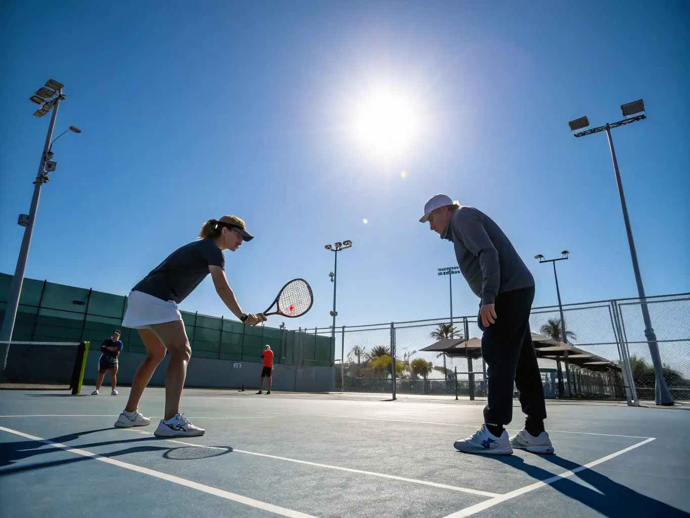 Un groupe de jeunes et d’adultes, raquette en main, s’entraînant sur un court de tennis extérieur moderne, sous la supervision d’un entraîneur, illustrant la diversité et l’accessibilité des programmes proposés par le comité.