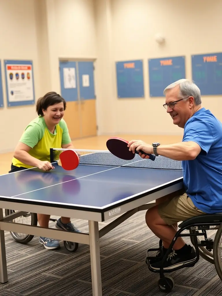 A dynamic image of a para tennis athlete in a wheelchair serving on a tennis court, surrounded by encouraging teammates and accessible facilities, highlighting adaptive sports.