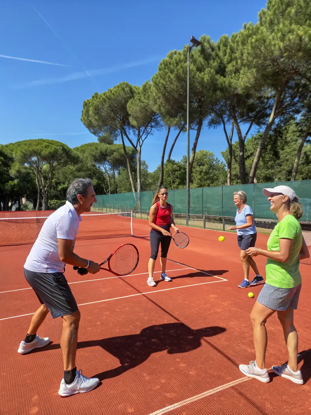 A vibrant photo of children and adults playing tennis together on an outdoor clay court, with coaches providing guidance and everyone smiling, representing inclusive tennis activities in Cher.