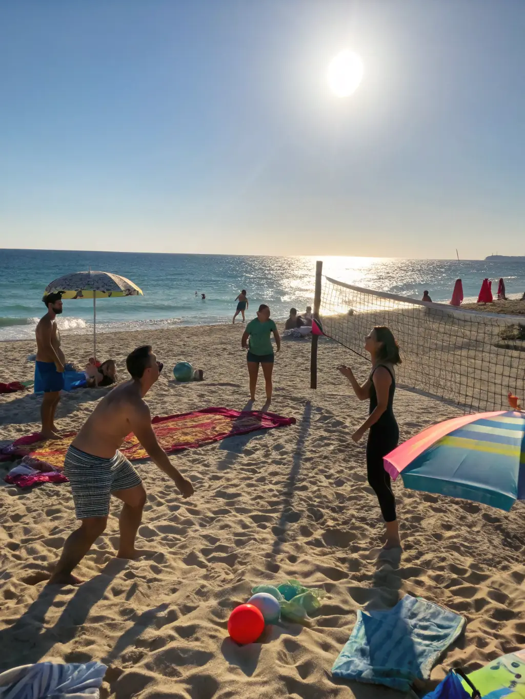 A sunlit beach with players engaged in a beach tennis match, rackets raised mid-action, with colorful banners and a relaxed, friendly crowd nearby.
