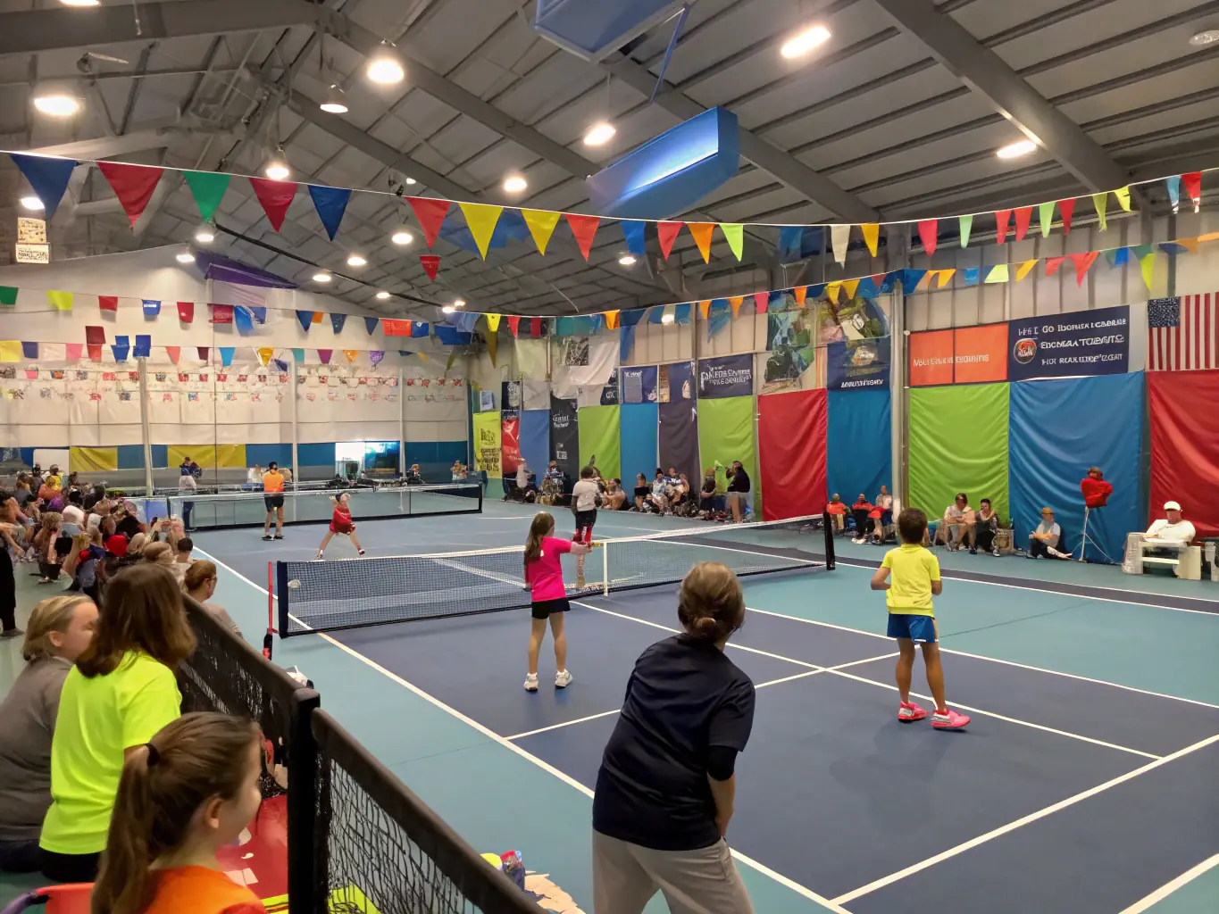 Un groupe mixte de joueurs, jeunes et seniors, découvrant la courte paume et le pickleball dans un gymnase lumineux, illustrant la transmission des sports traditionnels et l’innovation sportive.