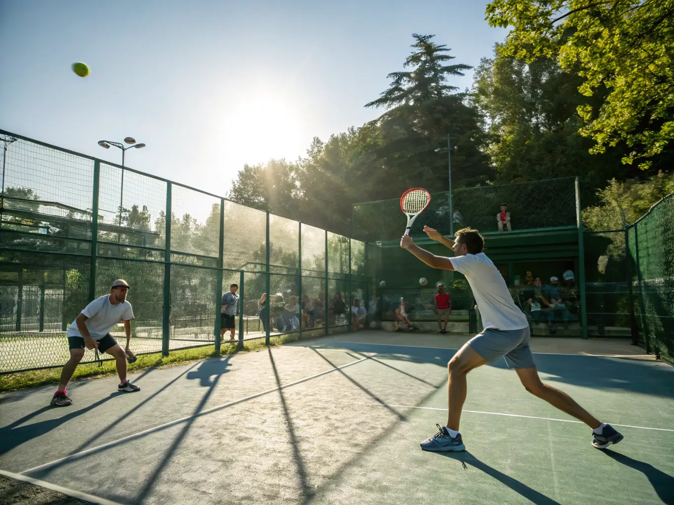 Des joueurs de padel et de beach tennis en pleine action sur des terrains extérieurs, sous un ciel ensoleillé, mettant en avant l’ambiance dynamique et estivale de ces disciplines.