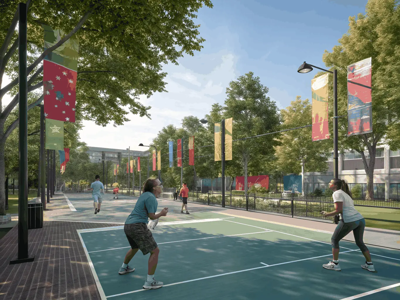 A lively scene of families and young adults playing padel and beach tennis on adjacent courts, with colorful rackets, sand, and a festive atmosphere, highlighting community engagement and fun.