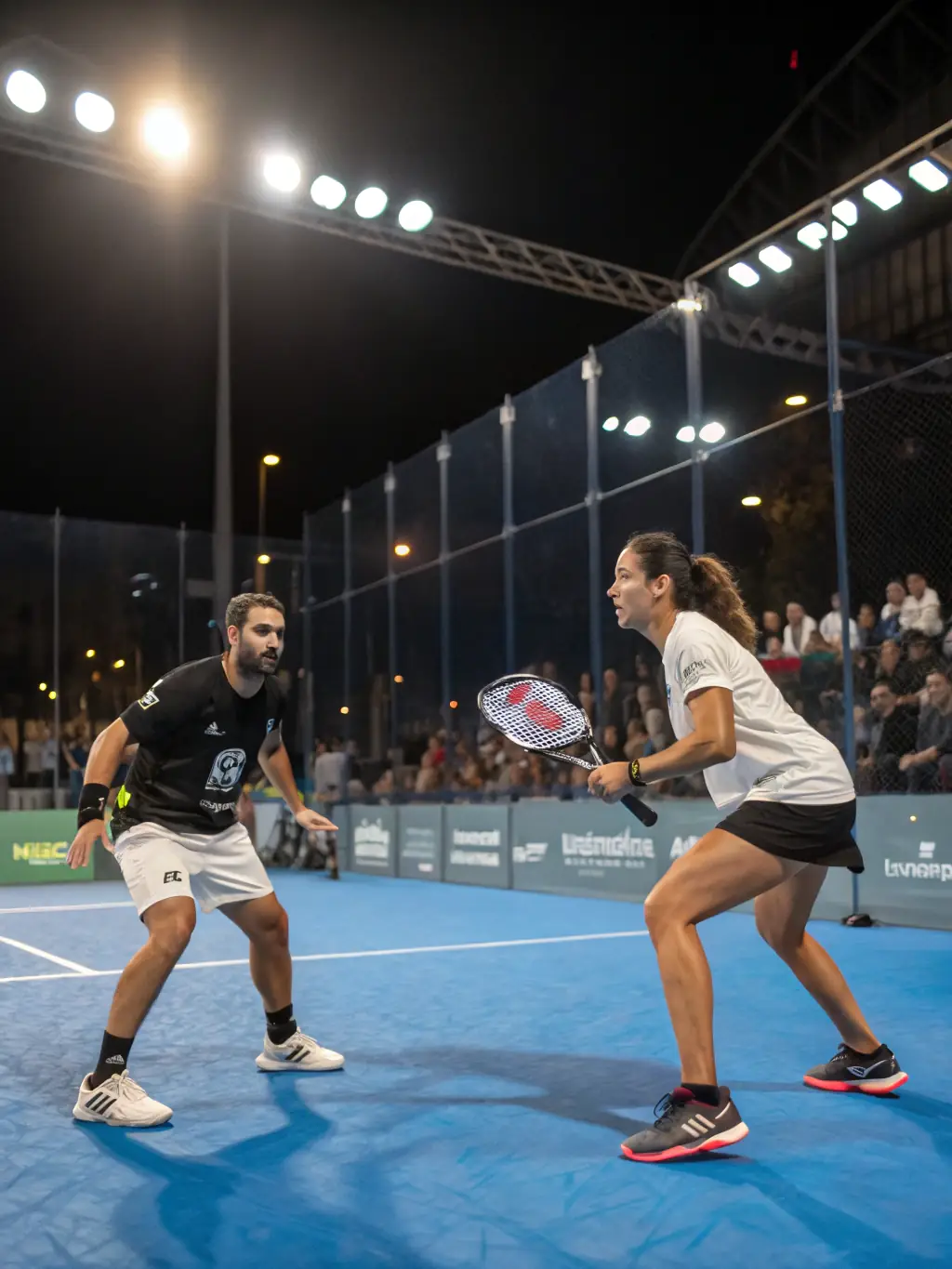 A lively scene of mixed-gender teams playing padel on a modern glass-walled court, with spectators cheering and a festive community atmosphere.